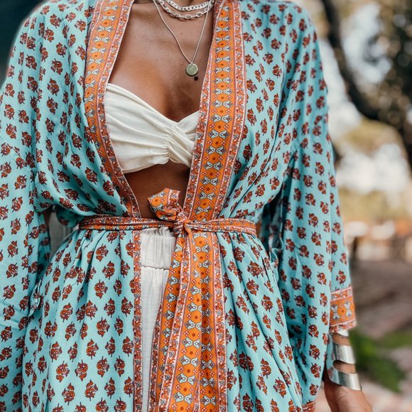 Boho Paisley Bohemian Romantic Turquoise Kimono - Picture 5 of 10